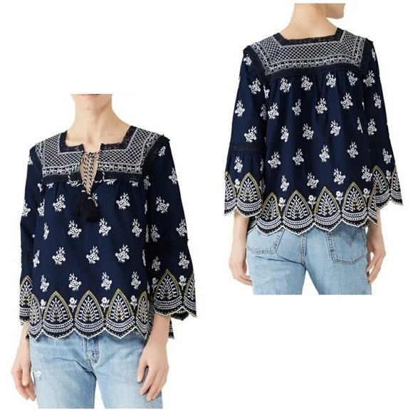 Shoshanna Calah blue embroidered flare sleeve deep V flowy boho top- size S - Picture 3 of 12